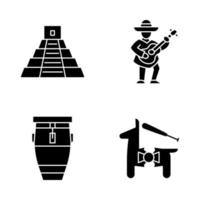 conjunto de iconos de glifo de cultura mexicana. atracciones latinoamericanas, entretenimiento. festividad del cinco de mayo. pirámide mexicana, guitarrista, conga, piñata. símbolos de silueta. ilustración vectorial aislada vector