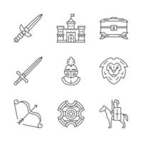 Medieval linear icons set. Dagger, castle, treasure chest, helmet, lion head, bow and arrow, shield, knight on horse. Thin line contour symbols. Isolated vector outline illustrations. Editable stroke