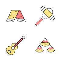 Mexican culture color icons set. Traditional clothes, music, food. Serape, maraca, guitar, nachos. Isolated vector illustrations