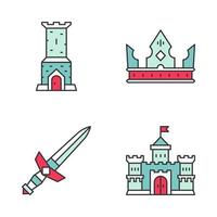 Medieval color icons set. Castle tower, king crown, metal sword, lord castle. Isolated vector illustrations