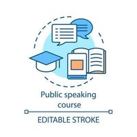 Public speaking course concept icon. Professional speakers classes. Education. Learning, studying. Training materials, books. Thin line illustration. Vector isolated outline drawing. Editable stroke