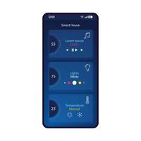plantilla de vector de interfaz de teléfono inteligente de aplicación de casa inteligente. diseño de diseño azul de página móvil. Luz, calefacción, pantalla de control remoto de música. interfaz de usuario plana para la aplicación. sistema de domótica. pantalla del teléfono
