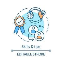 Skills and tips concept icon. Thinking, brainstorming, idea generation. Solutions search. Solving problem. Creativity idea thin line illustration. Vector isolated outline drawing. Editable stroke