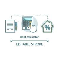 Rent calculator concept icon. Rental prices, interest rates. Property deal. Hand with calculator, contract, house. Total price idea thin line illustration. Vector isolated drawing. Editable stroke