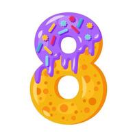 Donut cartoon eight number vector illustration. Biscuit font style. Glazed bold symbol with icing. Tempting flat design typography. Cookies, waffle math sign. Pastry, bakery isolated clipart