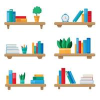 Flat Book Shelves with Colorful Objects. Cartoon Design Style. vector