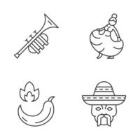 conjunto de iconos lineales mexicanos. musica latinoamericana, comida, gente, baile. símbolos de contorno de línea delgada. ilustraciones aisladas de contorno vectorial. trazo editable vector