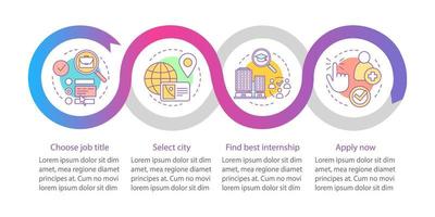 Internship program vector infographic template. Work searching software. Business presentation design elements. Data visualization with steps, options. Process timeline chart. Workflow layout