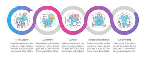 Mediation vector infographic template. Child custody, divorce, co-parenting. Business presentation design elements. Data visualization with steps and options. Process timeline chart. Workflow layout