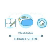 Virtual reality architecture concept icon. Building development. VR 360 degrees workplace. Presentation 3D architectural project idea line icons. Vector isolated outline drawing. Editable stroke