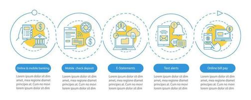 Banking service vector infographic template. Online payment. Financial management. Data visualization with five steps and options. Process timeline chart. Workflow layout with icons