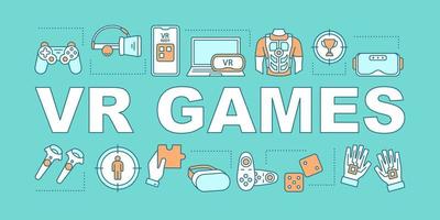 VR games word concepts banner. Headset, haptic gloves, suit, joystick. Game gadgets. Presentation, website. Isolated lettering typography idea with linear icons. Vector outline illustration