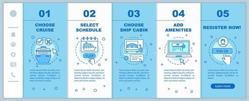 Online cruise booking onboarding mobile web pages vector template. Choose schedule, add amenities. Responsive smartphone website interface idea. Webpage walkthrough step screens. Color concept