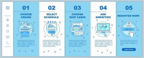 reserva de cruceros en línea incorporando plantilla vectorial de páginas web móviles. elige horario, agrega amenidades. idea de interfaz de sitio web de teléfono inteligente sensible. pantallas de pasos del tutorial de la página web. concepto de color vector