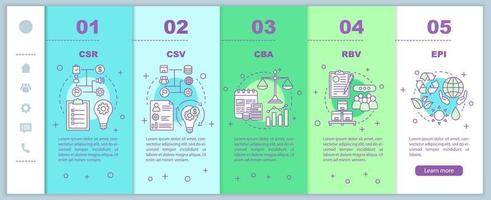 Business concepts onboarding mobile web pages vector template. CSR. Corporate principles. Business ethics. Responsive smartphone website interface idea. Webpage walkthrough step screens. Color concept