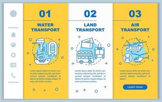 Transportation services onboarding mobile web pages vector template. Responsive smartphone interface idea with linear illustrations. Water, air transport webpage walkthrough steps. Color concept