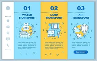 Transportation services onboarding mobile web pages vector template. Responsive smartphone interface idea with linear illustrations. Land, air transport webpage walkthrough steps. Color concept