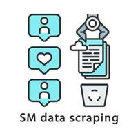 SM data scraping color icon. RPA. Cloud storage automatic cleaning. Robot scraping social media data. Robotic process automation. Isolated vector illustration