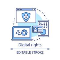 Digital rights concept icon. Intellectual property protection idea thin line illustration. Cyber security. Copyright infringement. Internet hacking. Vector isolated outline drawing. Editable stroke