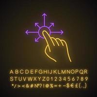 Touchscreen gesture neon light icon. Tap, point, click, drag gesturing. Drag finger all directions. Using sensory devices. Glowing sign with alphabet, numbers and symbols. Vector isolated illustration