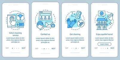 Cleaning service booking onboarding mobile app page screen, linear concepts. Home cleanup planning. Four walkthrough steps graphic instructions. UX, UI, GUI vector template with illustrations