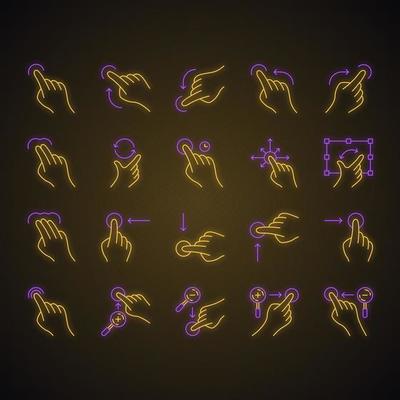 Touchscreen gestures neon light icons set. Tap, point, 2x tap, 3x click gesturing. Flick, zoom gesture. Vertical, horizontal scroll up, down. Glowing signs. Vector isolated illustrations