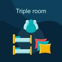 Triple room flat concept vector icon. Three guests accommodation idea cartoon color illustrations set. Hotel, apartment booking. Suite with single beds. Isolated graphic design element