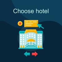 Choose hotel flat concept vector icon. Booking lodging website idea cartoon color illustrations set. Select apartment, dormitory, hostel. Trip planning stage. Isolated graphic design element