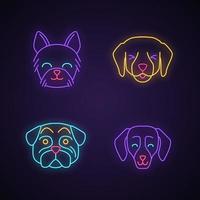 Dogs cute kawaii neon light characters. Animals with smiling muzzles. Happy Yorkshire Terrier. Funny emoji, emoticon set. Glowing icons with alphabet, numbers, symbols. Vector isolated illustration
