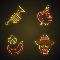 Mexican culture neon light icons set. Hispanic music, food, people, dance. Trumpet, woman dancer, hot chili pepper, head with mustache and sombrero. Glowing signs. Vector isolated illustrations