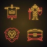 Medieval neon light icons set. King flag, lion head shield, treasure chest, knight in full suit of armor with sword and shield. Glowing signs. Vector isolated illustrations