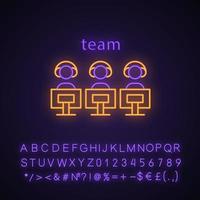 Esports team neon light icon. Gamers group. Teamwork. Command for competition. Video games tournament. Glowing sign with alphabet, numbers and symbols. Vector isolated illustration