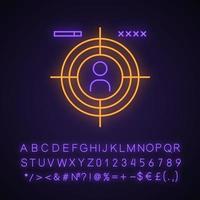 First-person shooter neon light icon. Esports. Shooter video game. FPS. First-person perspective. Glowing sign with alphabet, numbers and symbols. Vector isolated illustration