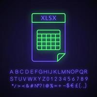 icono de luz de neón del archivo xlsx. formato de archivo de hoja de cálculo. signo brillante con alfabeto, números y símbolos. ilustración vectorial aislada vector