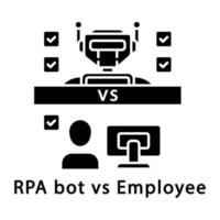 RPA bot vs employee glyph icon. Benefits of using robots. Modern technologies vs traditional work. Robotic process automation. Silhouette symbol. Negative space. Vector isolated illustration