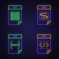 Files format neon light icons set. Text, image, web page file. TXT, SVG, CSS, PHP. Glowing signs. Vector isolated illustrations