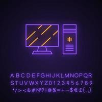 Gaming computer and monitor neon light icon. Esports hardware. Video game devices. Desktop computer. Glowing sign with alphabet, numbers and symbols. Vector isolated illustration