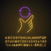 Touchscreen gesture neon light icon. Pinch and pan, rotate, zoom gesturing. Human hand and fingers. Using sensory devices. Glowing sign with alphabet, numbers and symbols. Vector isolated illustration