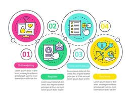 Online dating vector infographic template. Business presentation design elements. Register, choose search features. Data visualization with four steps, options. Process timeline chart. Workflow layout