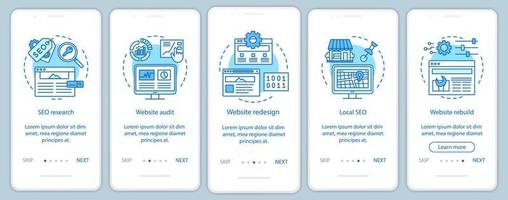 Web consulting onboarding mobile app page screen vector template. SEO research. Website redesign, audit. Walkthrough website steps with linear illustrations. UX, UI, GUI smartphone interface concept