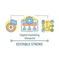 Digital marketing blueprint concept icon. SEO strategy idea thin line illustration. Content management, monitoring. Web analytics. Targeted marketing. Vector isolated outline drawing. Editable stroke