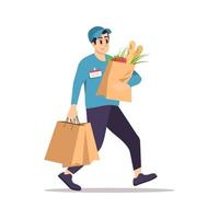 Grocery store delivery flat vector illustration. Male courier with shopping bags isolated cartoon character on white background. Fresh vegetables, food products door-to-door delivery service