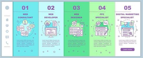 consultoría web, servicios de marketing que incorporan la plantilla vectorial de páginas web móviles. idea de interfaz de sitio web de teléfono inteligente sensible con ilustraciones lineales. pantallas de pasos del tutorial de la página web. concepto de color vector