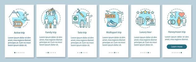 Travel styles onboarding mobile app page screen with linear concepts. Luxury and multisport tour. Solo trip. Six walkthrough steps graphic instructions. UX, UI, GUI vector template with illustrations