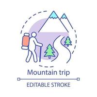 Mountain trip concept icon. Travel experience idea thin line illustration. Hiking. Extreme tourism. Ski resort. Natural landscape. Wild plants observation. Vector isolated drawing. Editable stroke