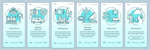 Travel experiences onboarding mobile app page screen vector template. Walkthrough website steps with linear illustrations. Cultural and desert travel. UX, UI, GUI smartphone interface concept