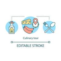 Culinary tour concept icon. Travel experience idea thin line illustration. Cuisine of foreign country. Semi manufactures. National gastronomy. Local dishes. Vector isolated drawing. Editable stroke