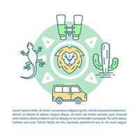 Wildlife and safari article page vector template. Travelling. Brochure, magazine, booklet design element with linear icons and text boxes. Print design. Concept illustrations with text space