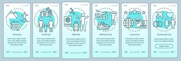 Travel styles onboarding mobile app page screen vector template. Solo trip. Luxury and multisport tour. Walkthrough website steps with linear illustrations. UX, UI, GUI smartphone interface concept