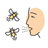 Allergies to insect stings color icon. Hypersensitivity of immune system. Human face and flying insects. Allergic reaction to wasps, hornets and bees bites. Isolated vector illustration